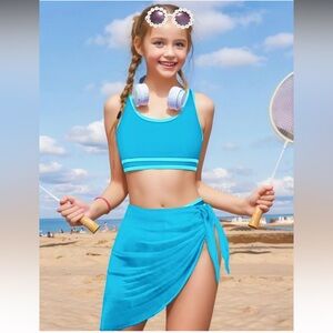 Teen Girls Swimsuit High Waist Sporty Bikini Bathing Suits with Cover Up Skirt